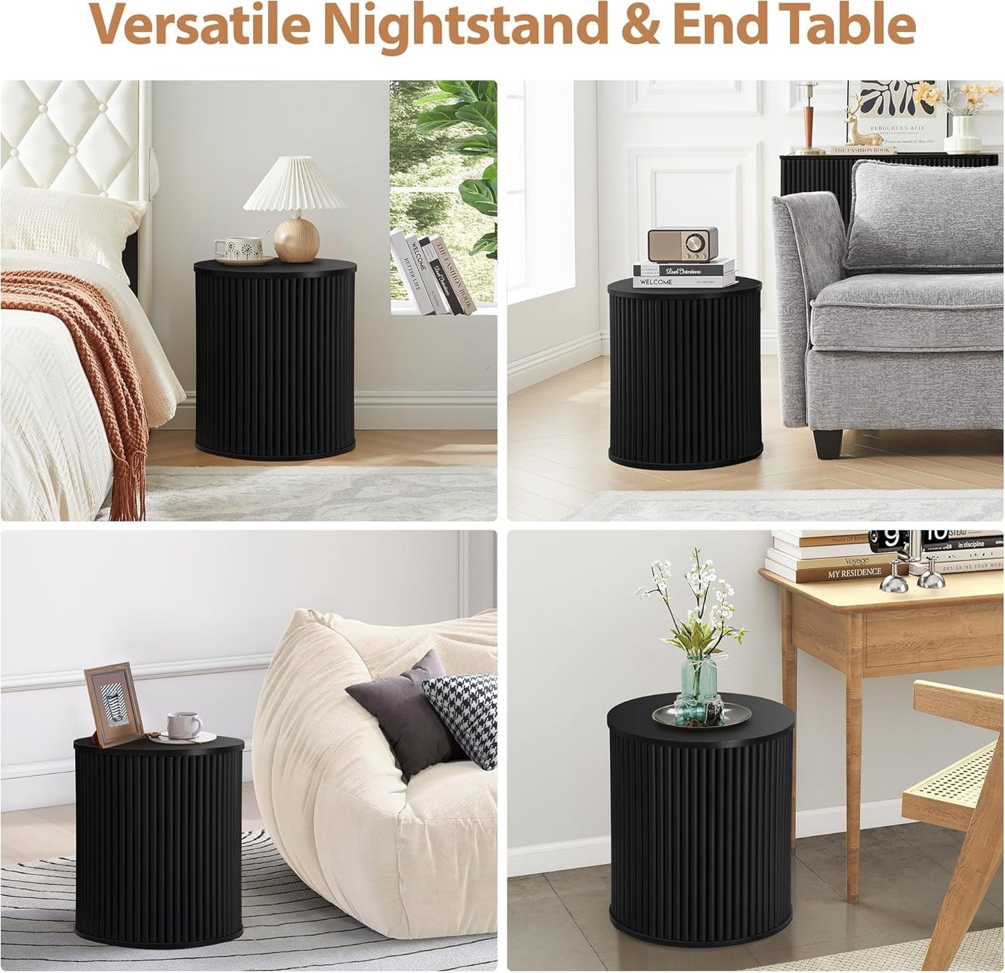 AVZEAR Fluted Round Side Table with Storage, Small Mid Century End Table Fluted Nightstands, Modern Circle Bedside Tables Wood Night Stand for Small Spaces, Living Room, Bedroom (Black)