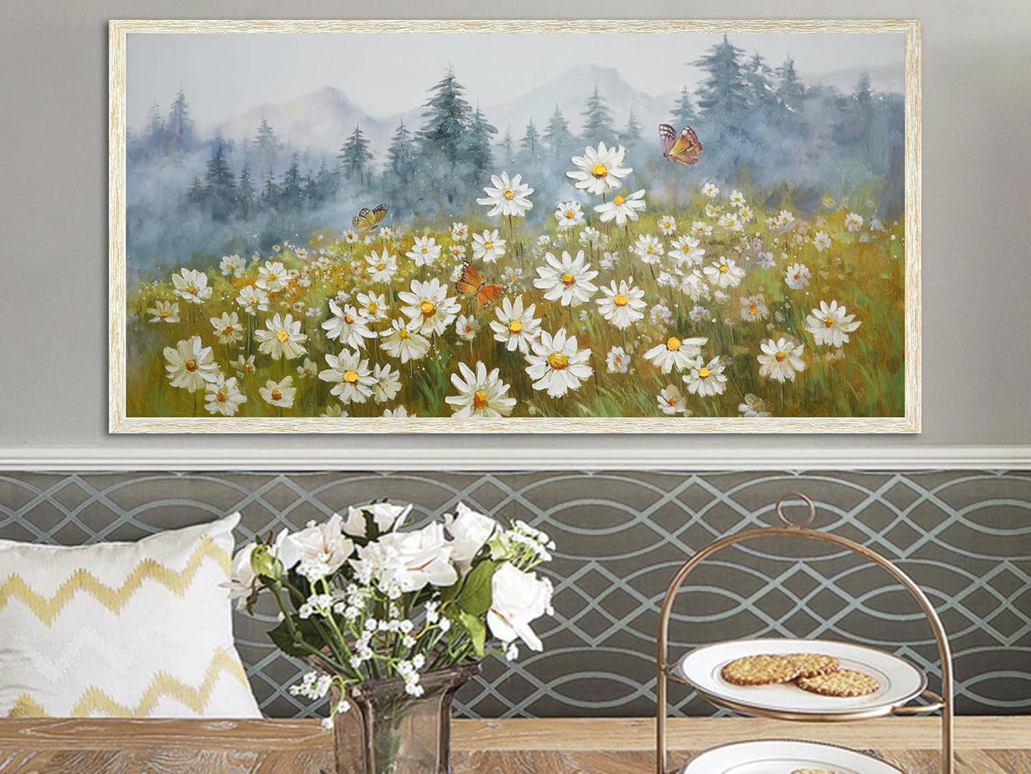 Arjun Flower Wall Art Canvas Landscape Daisy Painting Mountain Picture White Daisy Textured Floral Artwork for Living Room Bedroom Bathroom Office Home Wall Decor, Large Wood Grain Framed 40"x20"