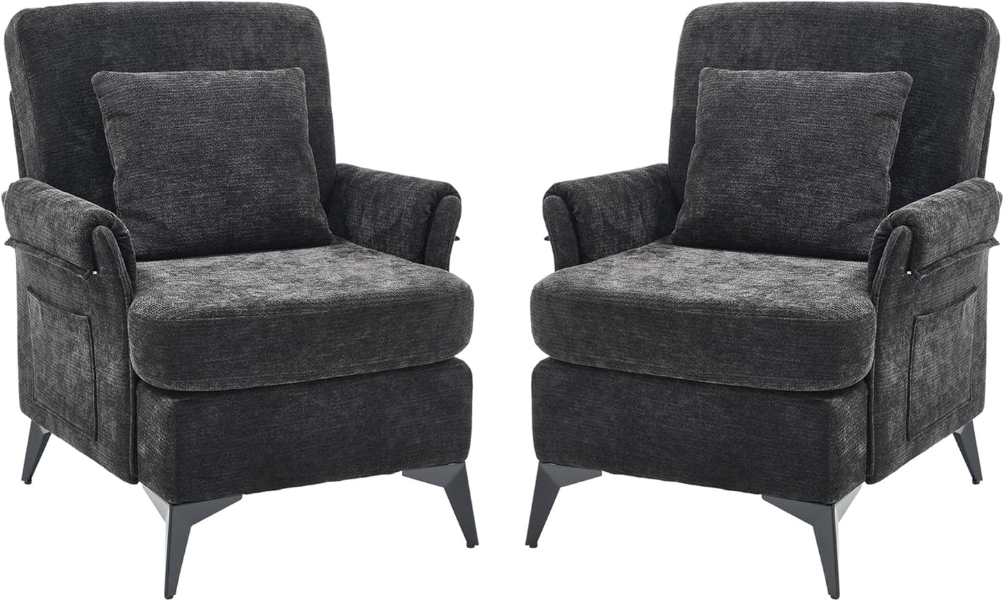 KCC Mid-Century Accent Chairs Set of 2,Chenille Modern Upholstered Single Sofa,Cozy Armchair with Back for Bedroom/Office/Cafe,Black
