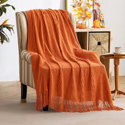MIULEE Burnt Orange Knitted Throw Blanket for Couch Boho Textured Cozy Woven Blanket with Tassels for Sofa Chair Bed Living Room Fall Home Decor Farmhouse Acrylic Wave Pattern 50"x60"