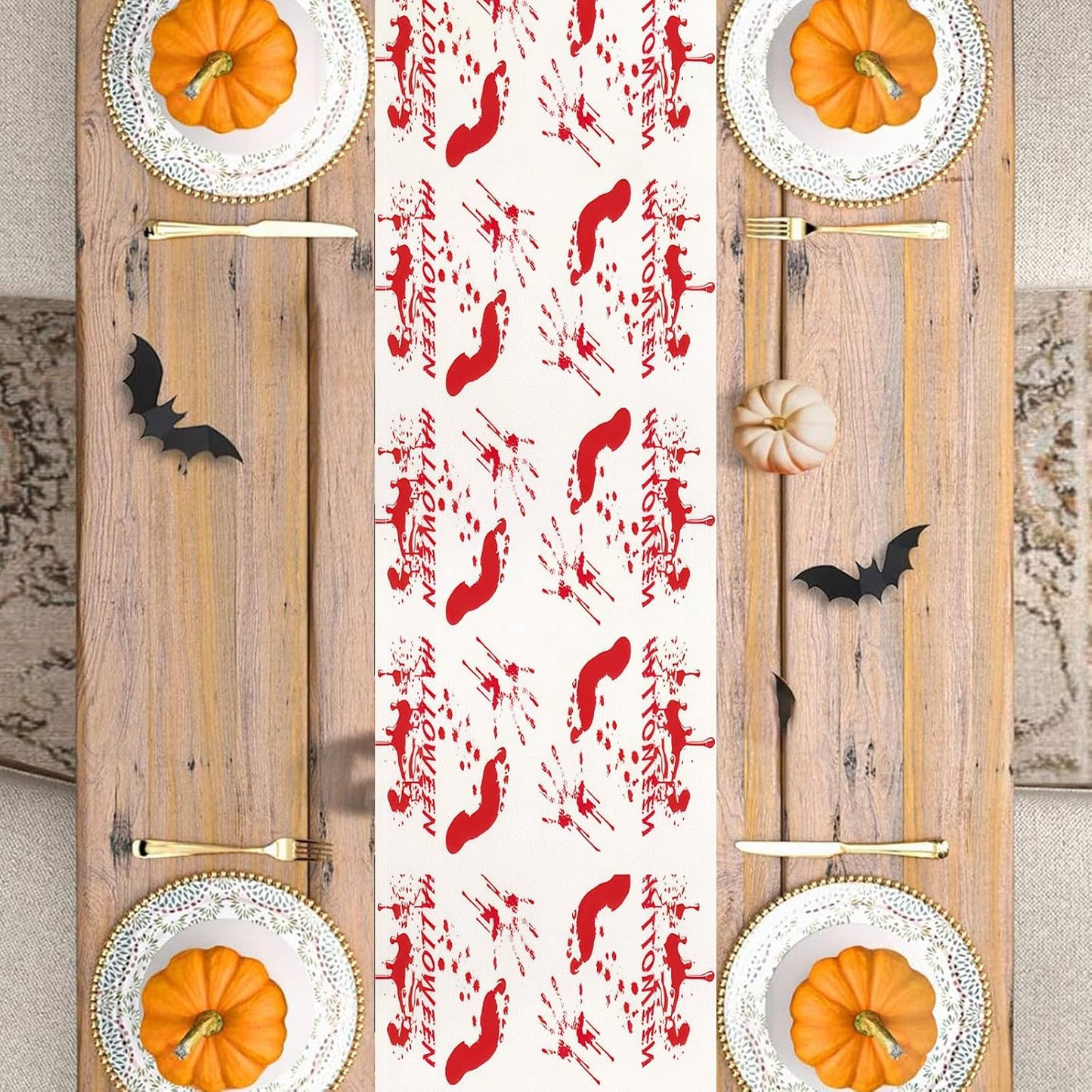 Halloween Table Runner 13 x 72 Inch, Scary Red Blood Footprints Linen Table Runner, Kitchen Dining Table Decorations, Halloween Table Decorations, Long Table Runner for Home Room Party Decor