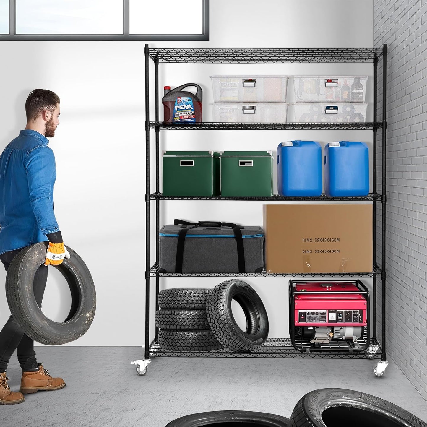 5 Tier Wire Shelf Shelving Unit, 60"x 24"x82" Metal Storage Shelves, Heavy Duty Garage Storage Shelves with Wheels, Chrome 3000LBS Capacity Wire Shelf Rack for Restaurant, Garage, Pantry, Kitchen