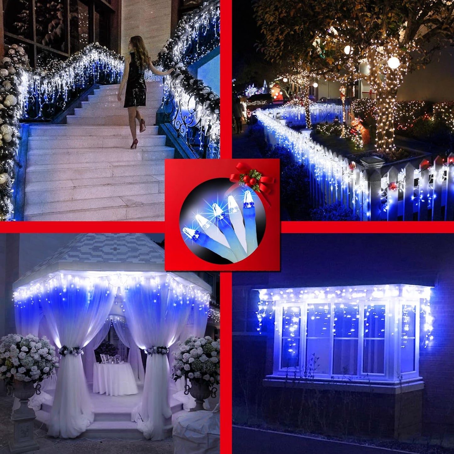 792 LED Christmas Outdoor Lights with 176 Drops, 82ft Hanging Curtain Lights 8 Modes, Christmas Fairy Lighs with Timer & Memory for House Roof Holiday Wedding Christmas Decor Blue & Cool White