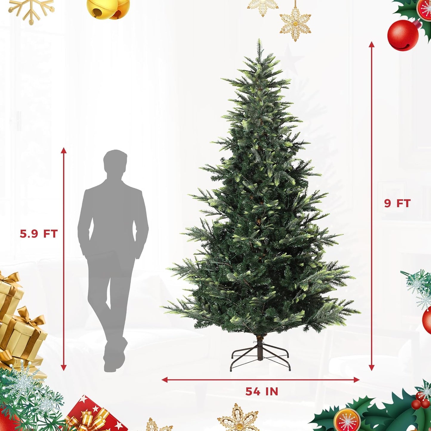 9ft Pre-lit Artificial Christmas Tree,Spruce Prelit Christmas Trees for Home,Office,Party Thickened PE&PVC Branch Tips & UL Listed Lights Incandescent Warm White,Fire-Resistant Automatic Branches