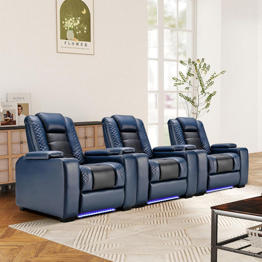 ANJ Power Home Theater Seating Set of 3, Blue Faux Leather Electric Recliner Chair with Powered Headrest, Dual Motors Movie Reclining Chairs with LED Lights,USB Port,Cup Holders, Hidden Arm Storage