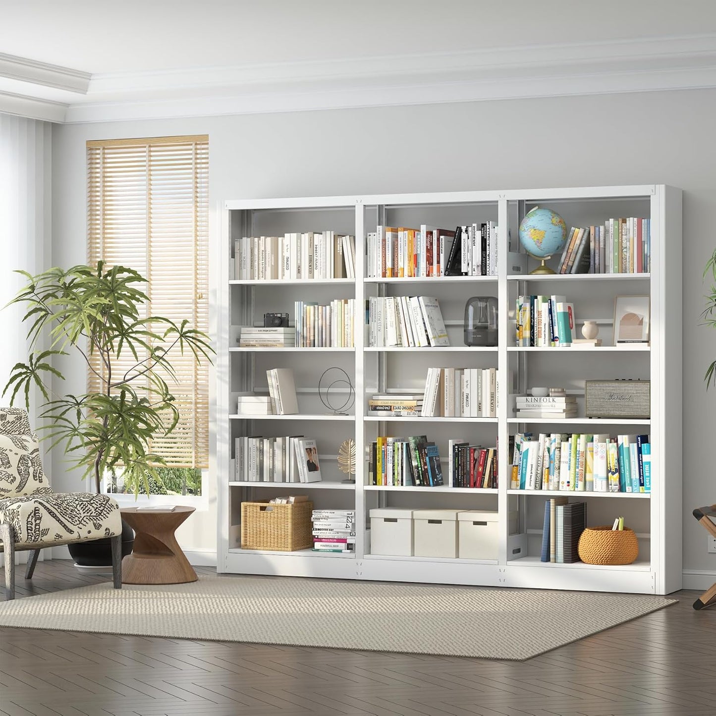 5-Tier Industrial Bookshelf, White Bookcases and Bookshelves,Tall Metal Book Shelf Storage Organizer,Freestanding Bookshelf for Living Room,Home Office(White, Shelf-4)