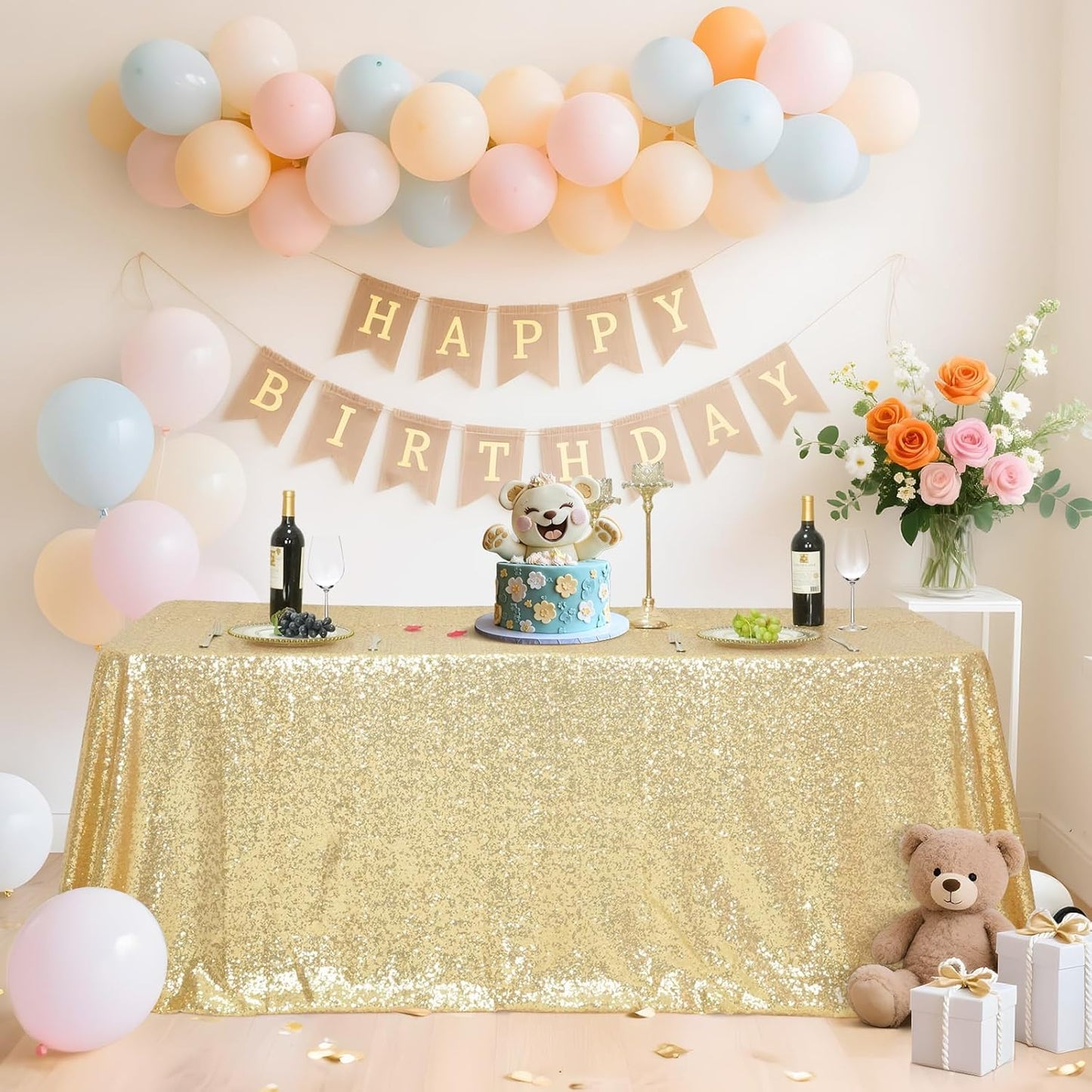 SquarePie Sequin Tablecloth 50 x 72 Inch Light Gold Glitter Table Cloth for Wedding Party Decoration
