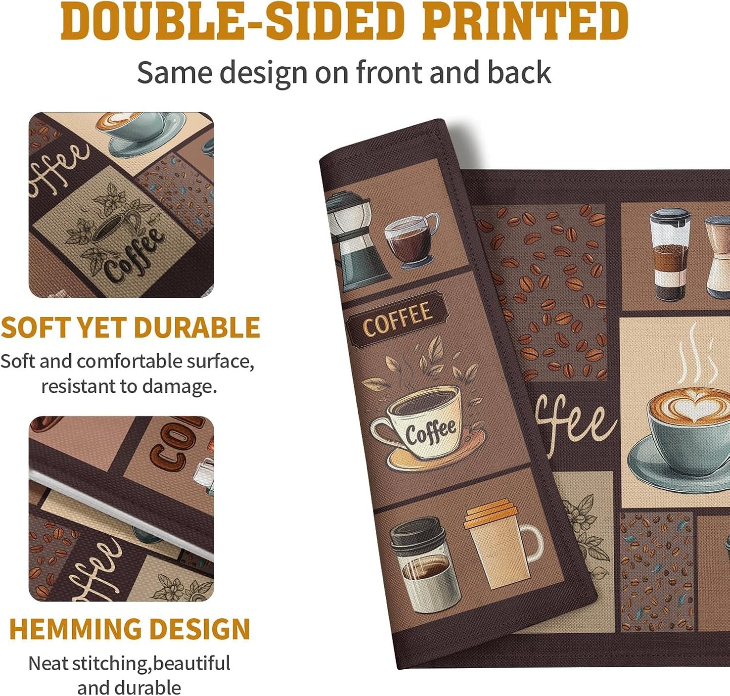 Coffee Theme Placemats Set of 4 Farmhouse Style Brown Linen Fabric Table Mat 12x18 Inch Washable Heat Resistant Non-Slip Place Mats for Home Party Kitchen Dining Decor