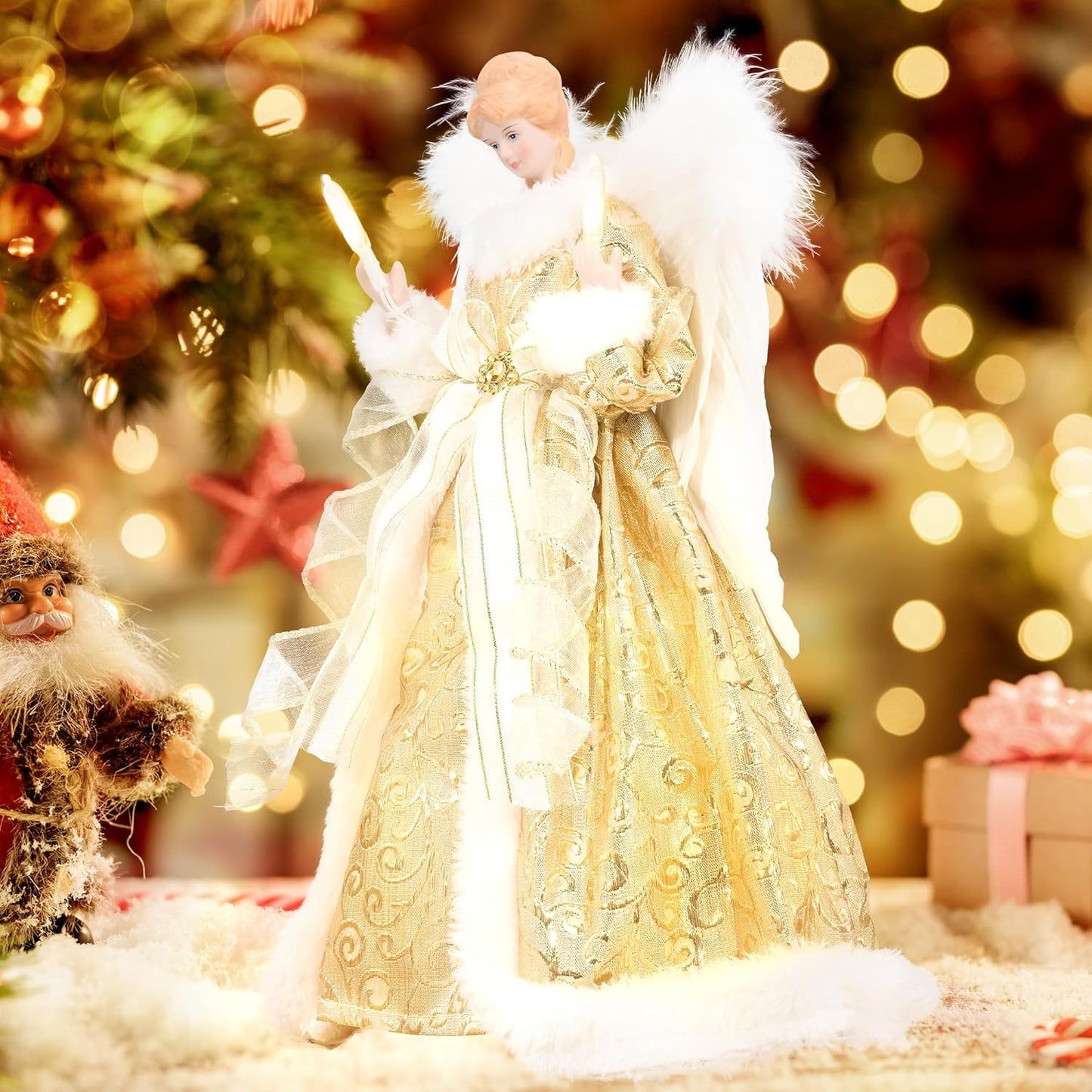 GENMOUS Angel Christmas Tree Topper, 12 Inch Gold Angel Treetop, Angel Figurine Christmas Tree Top, Christmas Tree Decorations for Home