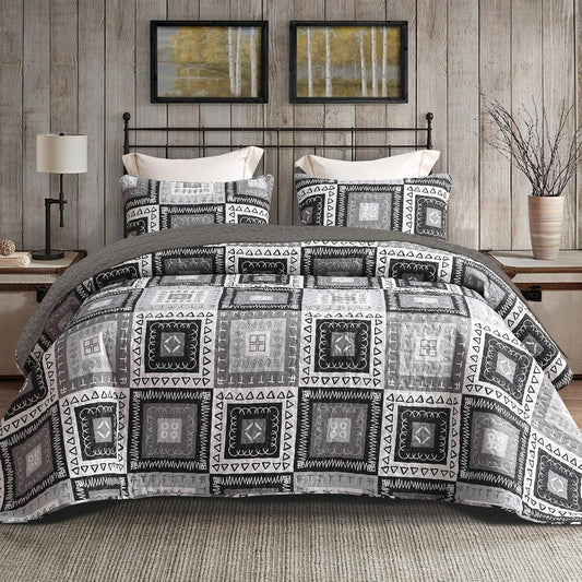 Exclusivo Mezcla Reversible Boho Quilt Set Twin Size, 2 Pieces Patchwork Black All Season Bedspreads, Ultra Soft Floral Coverlet Bedding Set with Printed Pattern (1 Quilt, 1 Pillow Sham)