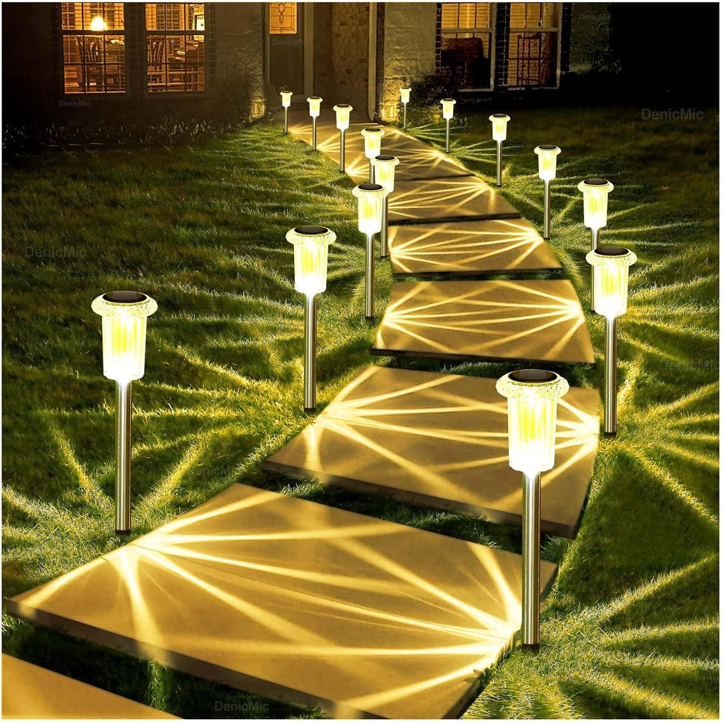 DenicMic Solar Lights Outdoor 15 Pack Waterproof 3000K Warm White LED Acrylic lamp Head Stainless Steel Stake for Landscape Lighting Path Walkway Sidewalk Backyard Patio Decor