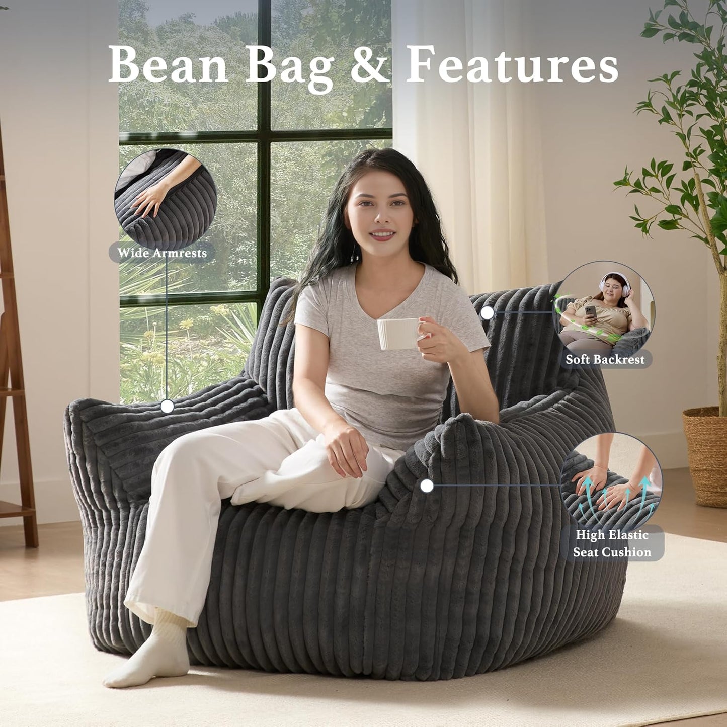 Giant Plush Bean Bag Chair for Adults with Armrests - Oversized Comfy Grey Beanbag Lounge Lazy Floor Sofa Accent Chair for Living Room, Bedroom & Dorm, Cozy Fluffy Single Cloud Mini Couch