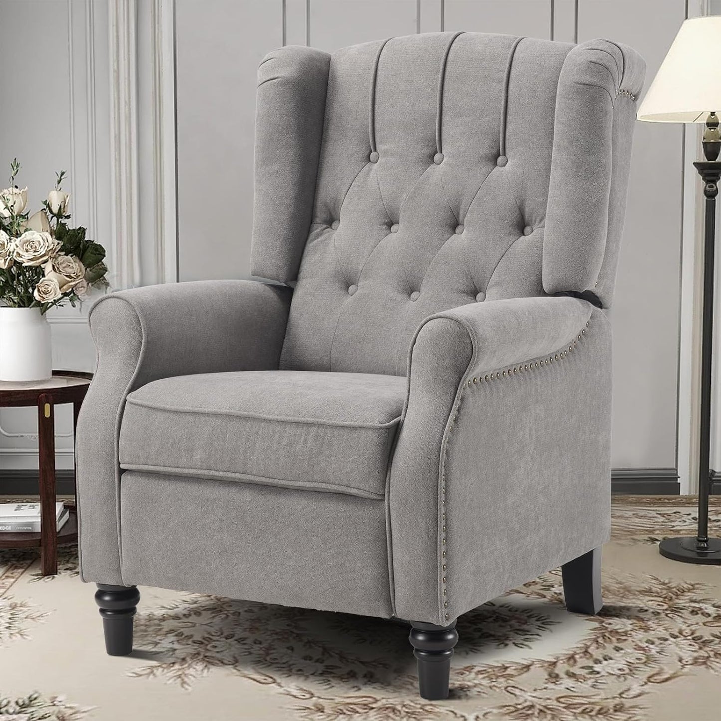EBELLO Pushback Recliner Chair, Fabric Armchair Push Back Recliner with Rivet Decoration, Mid Century Wingback Accent Chair for Living Room, Bedroom, Grey