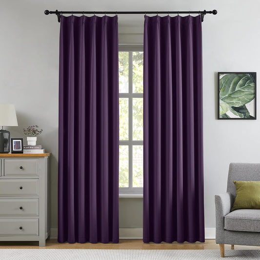 KangBang Royal Purple Pleated Curtains 2 Panels Set, 90 Inch Blackout Curtains for Bedroom Living Room, Sound Dampening Polyester Soft Aesthetic Window Treatments with Hooks, 40x90 Inch