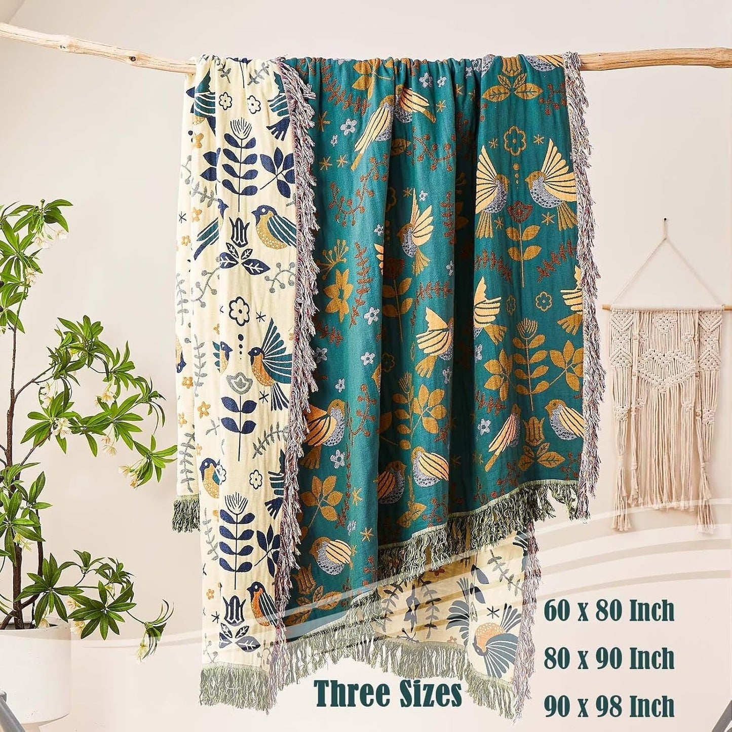Boho Throw Blanket, 100% Cotton Ultra Soft Luxury Throw Rustic Quilt, 60"x80" Floral Printed Farmhouse Decor Bed Summer Blankets, All Season Rustic Reversible Bohemian Throw for Bed - Blue