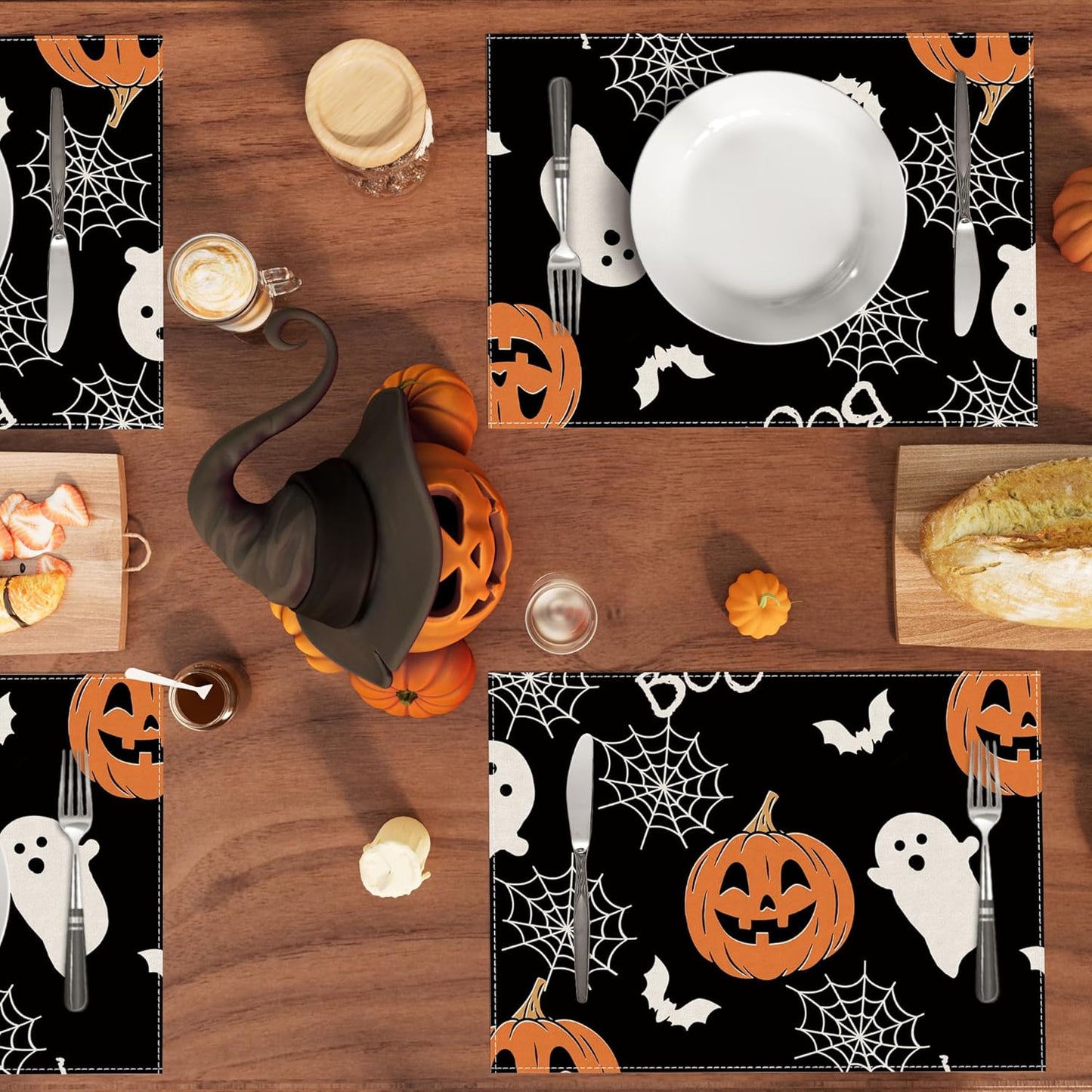 XCHI Boo Spooky Ghost Pumpkin Halloween Placemats Set of 4 Table Mats Table Decorations 12x18 Inch