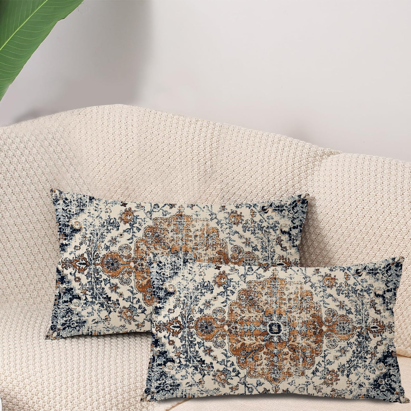 Outdoor Waterproof Pillow Set of 2, 12X20 Inch, Bohemian Vintage Carpet Pattern, Gold Blue Ethnic Design, Decorative Farmhouse Pillow Covers for Couch, Garden, Balcony