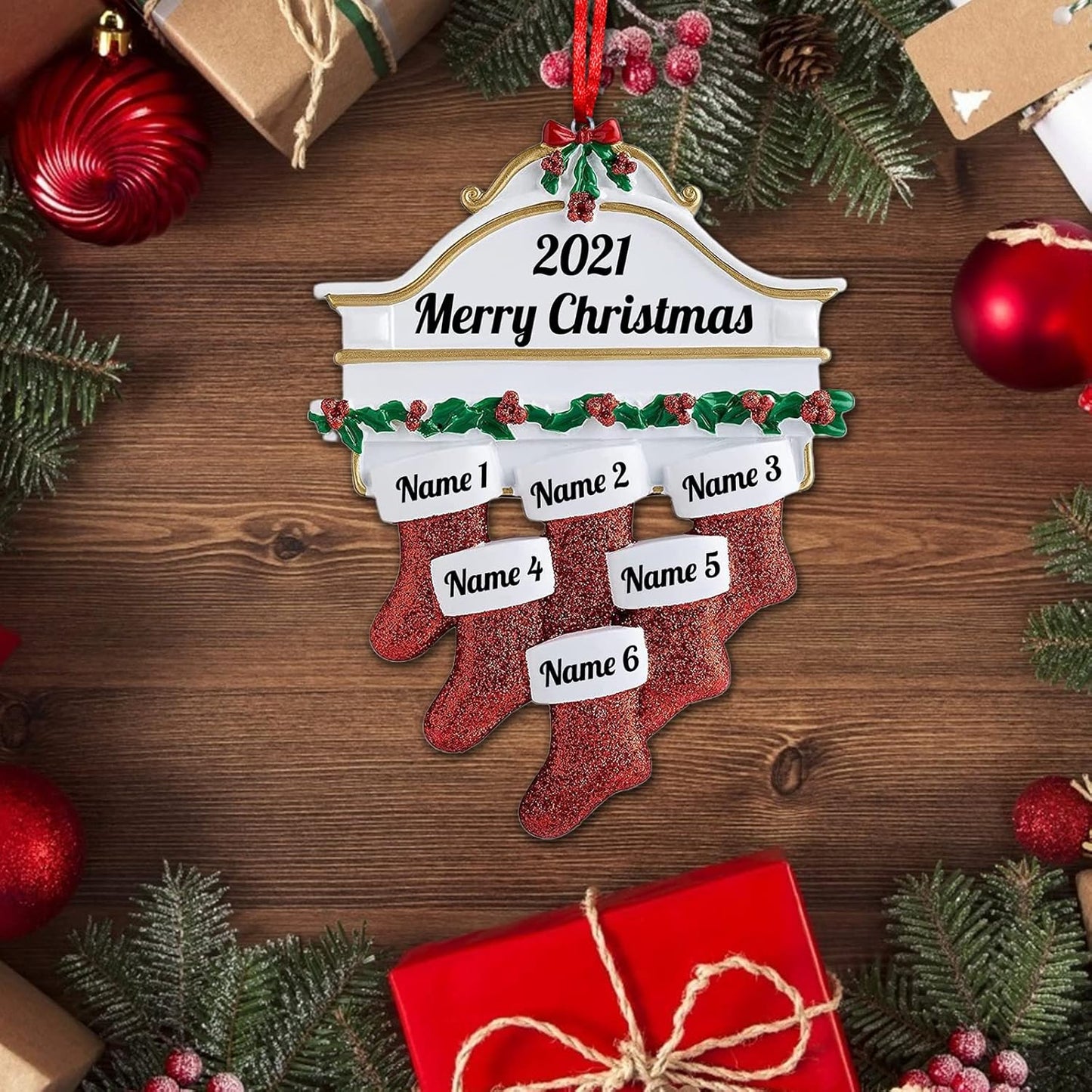 Amlion Personalized Ceramic Christmas Stocking Ornaments, Family of 2-8, Custom Names, Traditional Style, Christmas Occasion