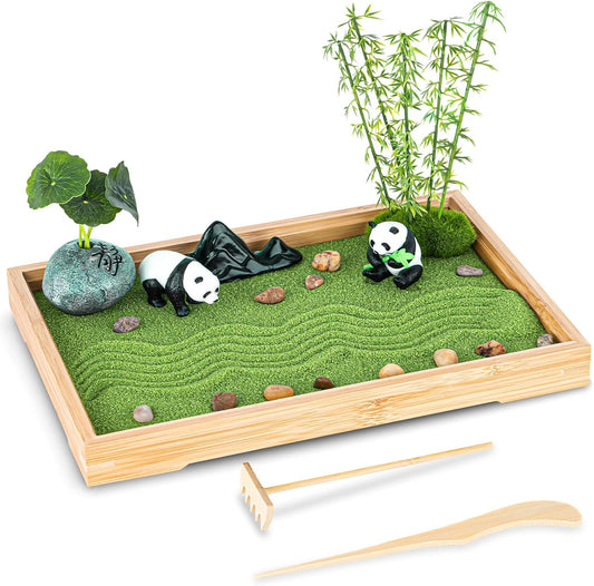 Zen Garden Kit for Desk 11''x7.5'' Room Decor with Green Sand, Panda Decorative Ornaments, Haystack, Ceramic Mountain, Stones and Rakes (Panda Bamboo)