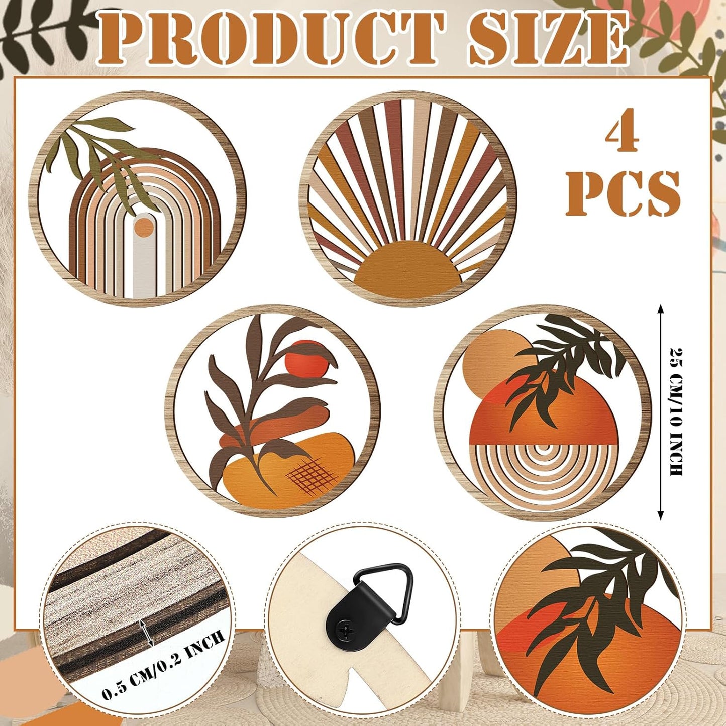 Qunclay 4 Pieces Boho Wall Art Wooden Bohemian Wall Decor Hanging Art Nursery Decor Farmhouse Geometric Hanging 10 Inch Aesthetic Wood Minimalist for Apartment Bedroom(Stylish)