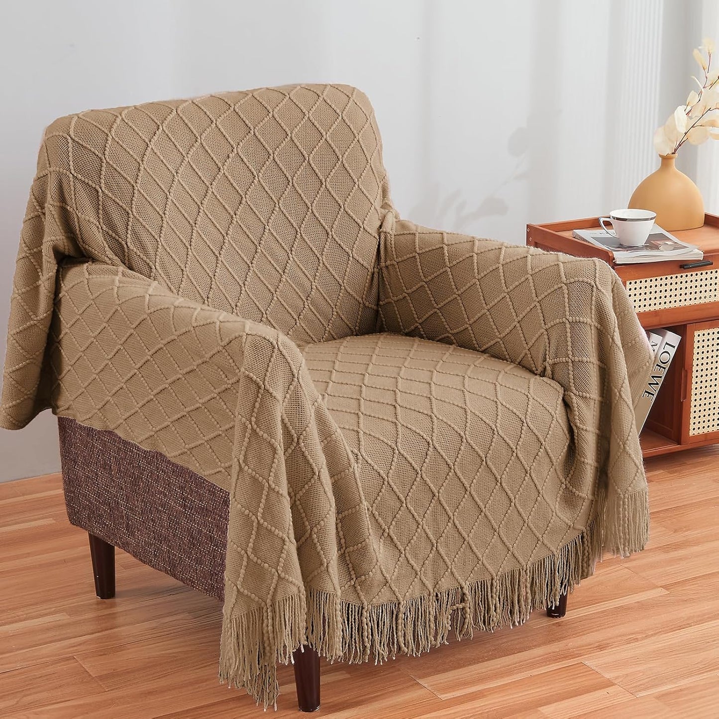 inhand Knitted Throw Blankets for Couch and Bed, Soft Cozy Knit Blanket with Tassel, Khaki Lightweight Decorative Blankets and Throws, Farmhouse Warm Woven Blanket for Men and Women, 60"x80"