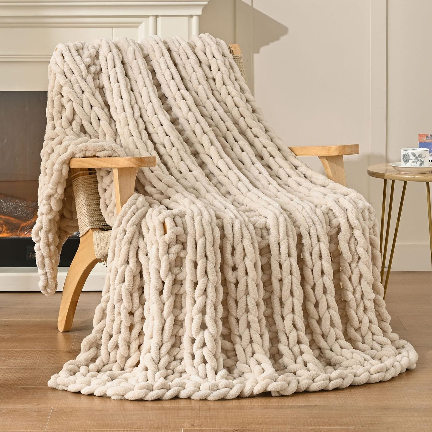 Esterra Chunky Knit Blanket Throw, 100% Handmade Chenille Throw Blanket 40"x50", Soft Thick Yarn Cable Knit Crochet Throw Blanket Rope Knot Throw for Couch Bed Sofa, Apricot White