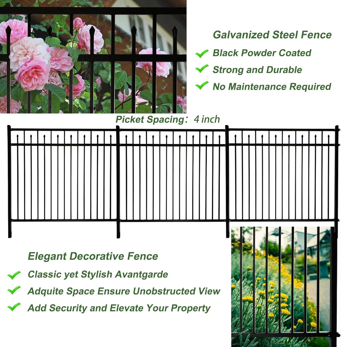 Galvanized Steel Fence Panel, 6ft H x 6.5ft W, Decorative DIY Installation for Outdoor Garden, Wrought Iron Style, Black