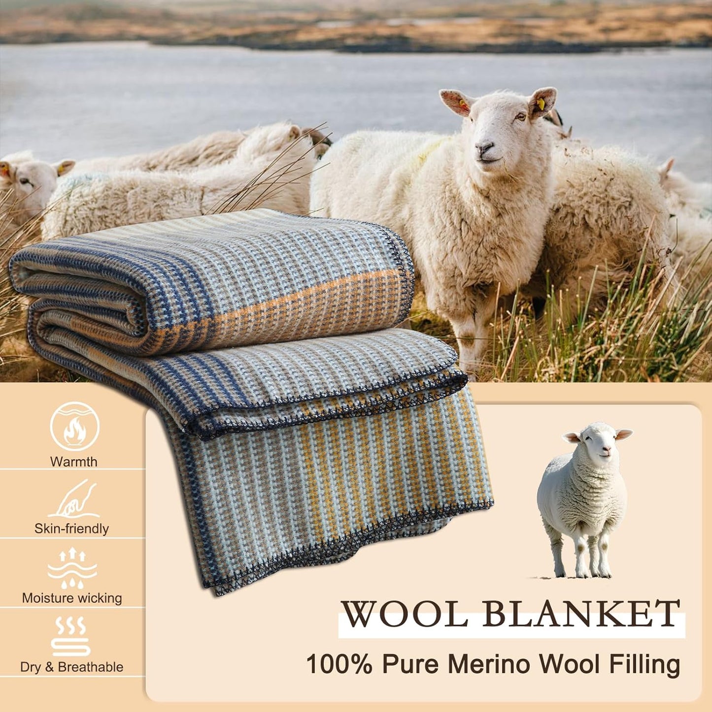 YOUR MOON Pure Merino Wool Blanket, King Size, 100% Australian Natural Wool, Washable, Hypoallergenic - Non-Itchy (Brownish Blue, 90 * 108)