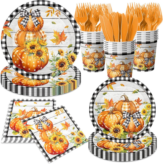Fall Party Decorations,144Pcs Fall Thanksgiving Tableware Set Includes Plates,Napkins,Knife,Fork Black and White Buffalo Plaid Pumpkin Theme Decorations for Autumn Harvest,Thanksgiving Day
