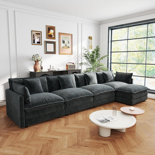 Sectional Sofa 4 Seater with Movable 1 Ottoman,Oversized Modular Couch Deep Seat (Grey, 146.5 inch-L)