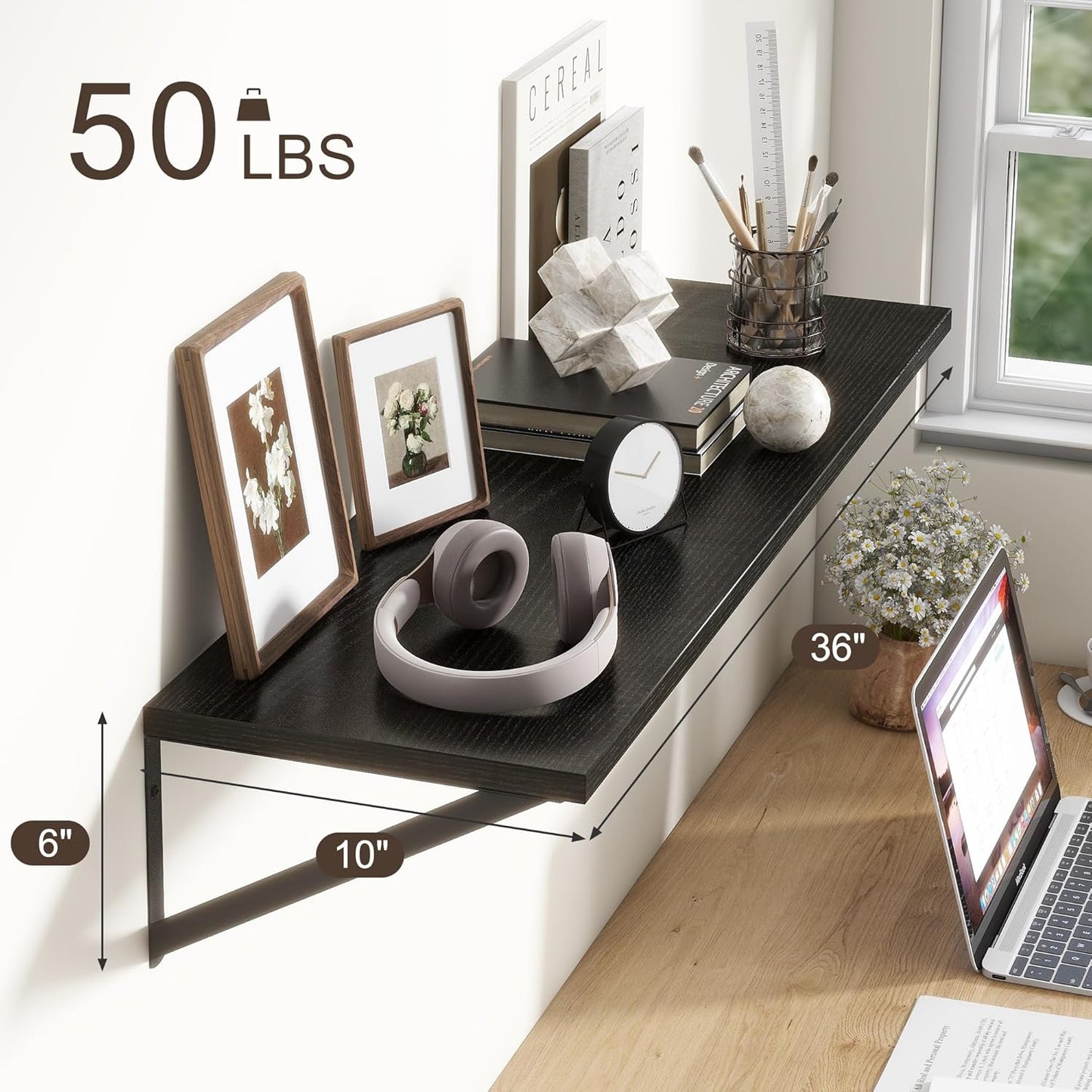 36"W x 10"D Floating Shelves, 10 Inch Deep Black Floating Shelves, Farmhouse Rustic Deep Wall Shelves for Home Decor, Wide Large Floating Shelf for Bathroom, Living Room, Kitchen, Study Room