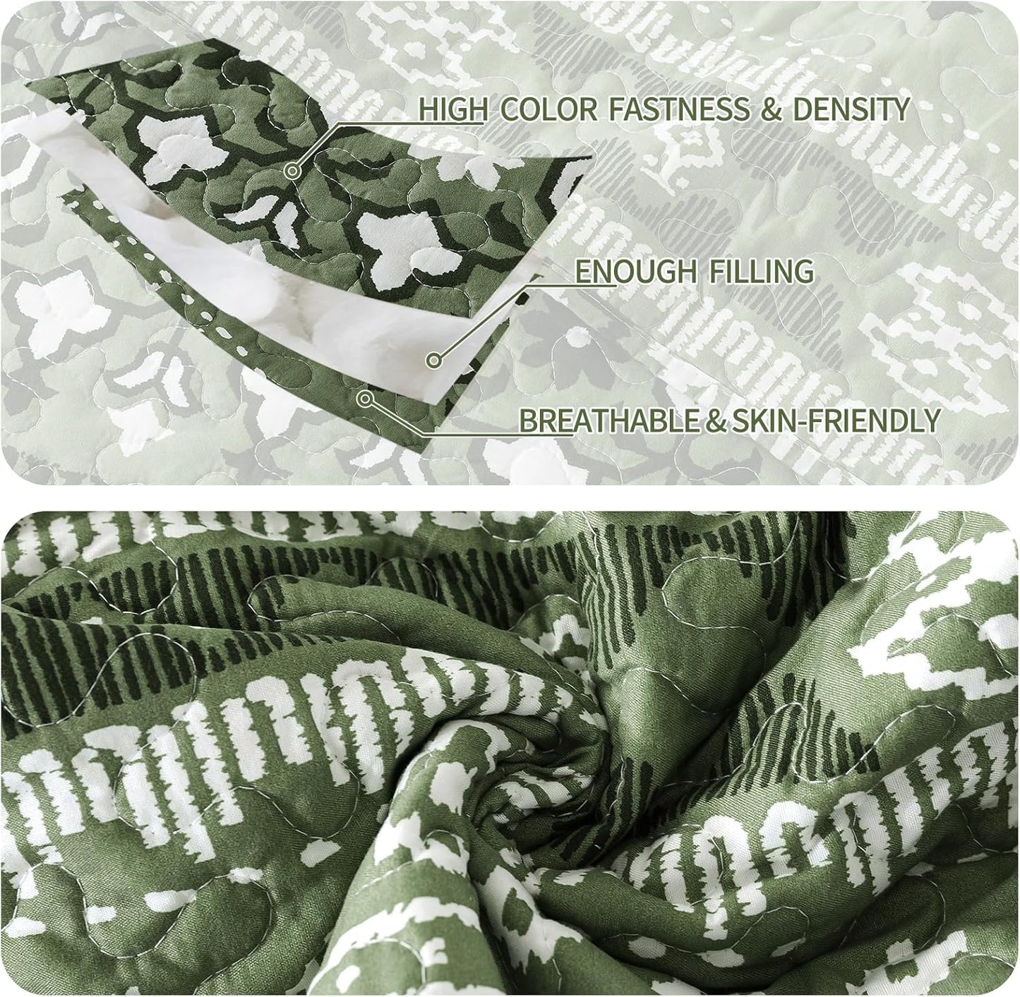 VAPUTAR Boho Quilts King Size, Stripe Reversible King Quilt Set, Lightweight All-Season Coverlet & Boho Bedspread- 3 Piece/Green