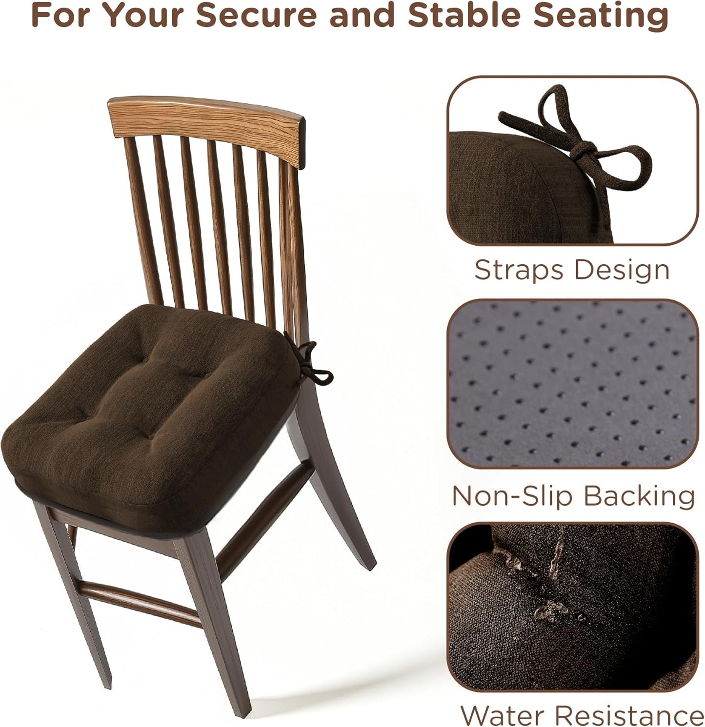 Codi Dining Chair Cushions 4 Pack, Thick Chairs Pads for Indoor Kitchen Room - Washable, Non-Slip Seat Cushion with Ties, 16.5"x16.5"x 3.5", Set of 4, Brown