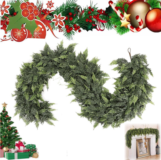 6 Ft Artificial Cedar Garlands – Real Touch Winter Greenery, Realistic Artificial Cedar Tree Christmas Pine Garland Decorations for Table Mantle Wall Indoor Fireplace Holiday Party (9ft, 1)