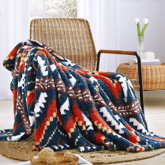 CASAAGUSTO Boho Sherpa Throw Blanket, Aztec Throw, Ultra Soft, Warm, Cozy, Plush, Thick Fleece Bohemian Throw Blanket for Couch, Bed, Sofa (Navy Blue 50 * 60 Inch)