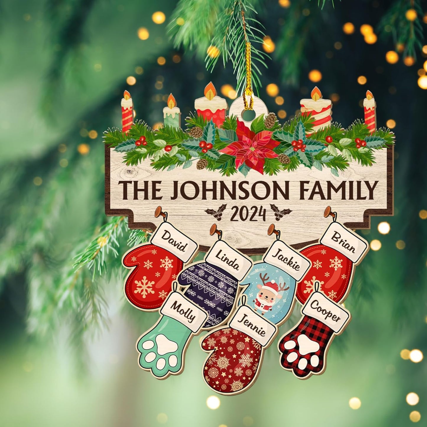 Family with Pet Ver 2 - Personalized Custom Wood Ornament, Family Gloves Christmas Ornament 2024, Xmas Ornament Gifts for Family Tree Decoration (A06, 4 Names)