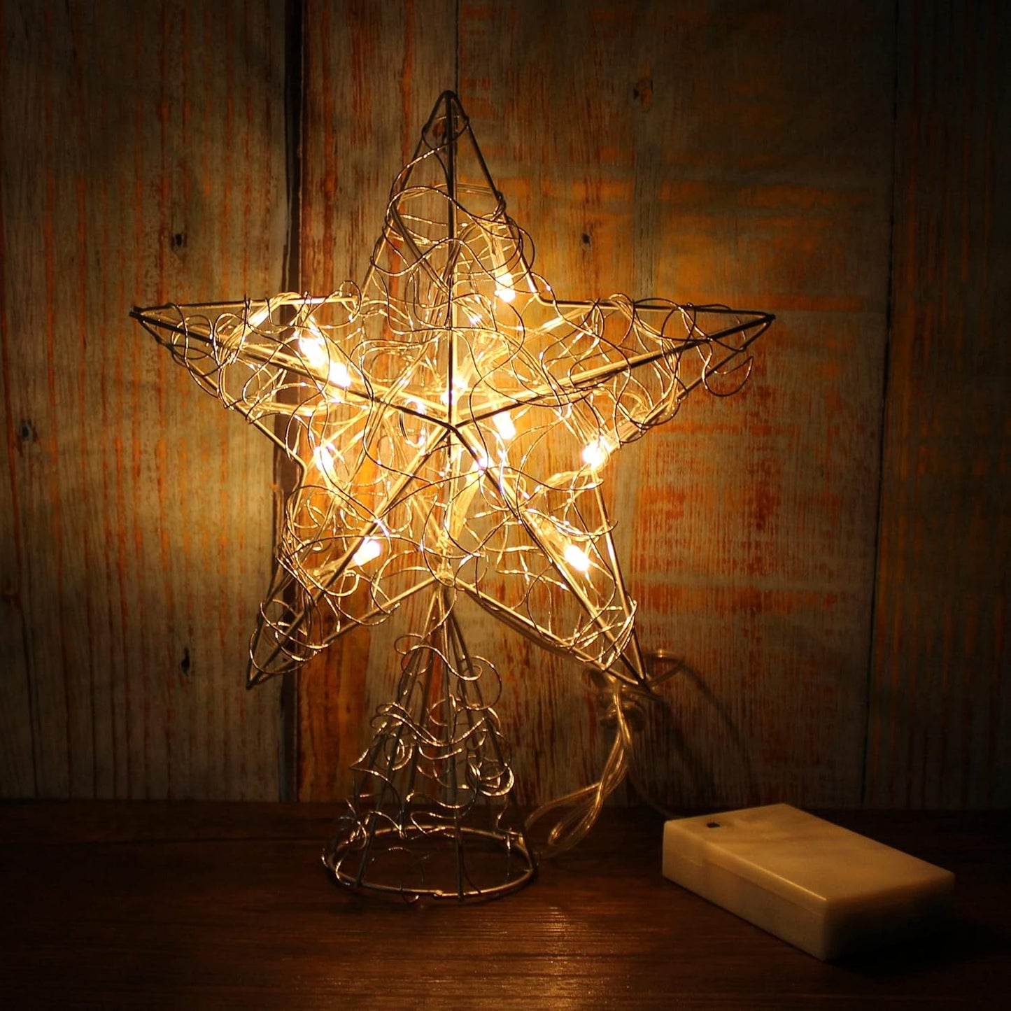 CVHOMEDECO. Silver Wire Twine Tree Top Star with Bright White LED Lights and Timer for Christmas Ornaments and Holiday Seasonal Décor, 8 x 10 Inch
