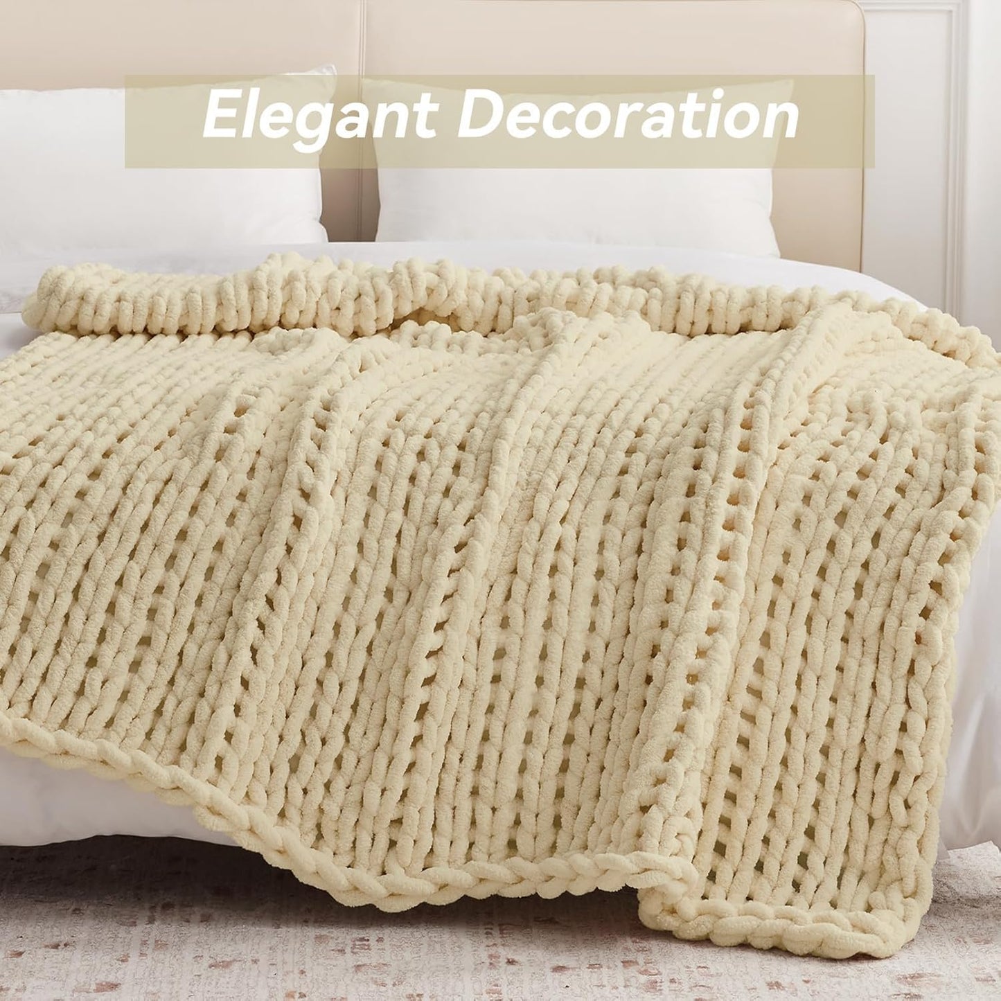 Chunky Knit Throw Blanket, 50''*60'' Knitted Throw Chenille Yarn for Bed Couch, Handmade Oatmeal Crochet Big Thick Blanket, Machine Washable Cute Comfy Blanket for Home Decor