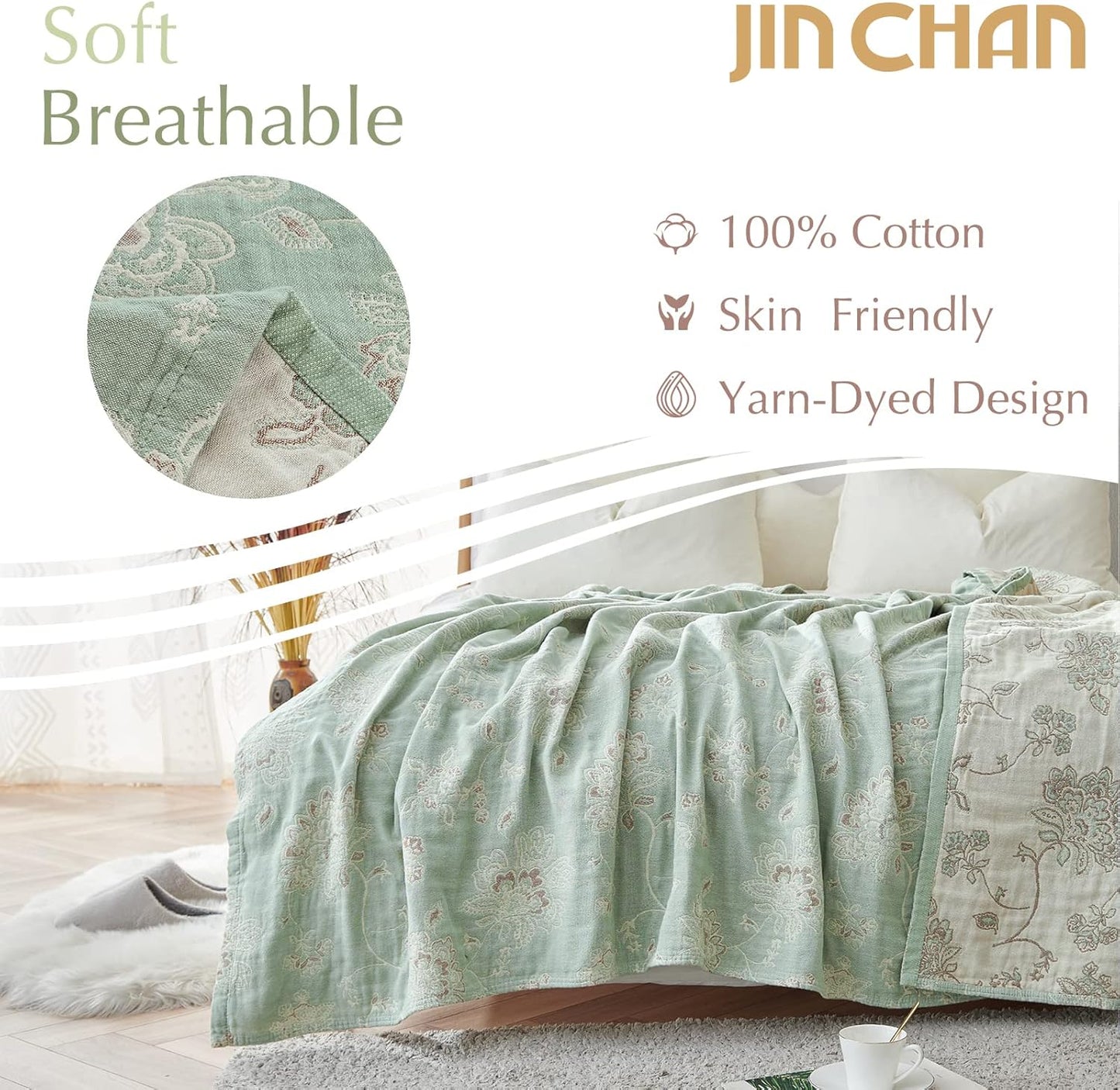 jinchan Boho 100% Cotton Muslin Queen Size 80x90 Inches Blanket Lightweight 4-Layer Quilted Soft Green and Beige Floral Throw Blanket Reversible Comfy Flower Rustic All Seasons Couch Bedroom Decor