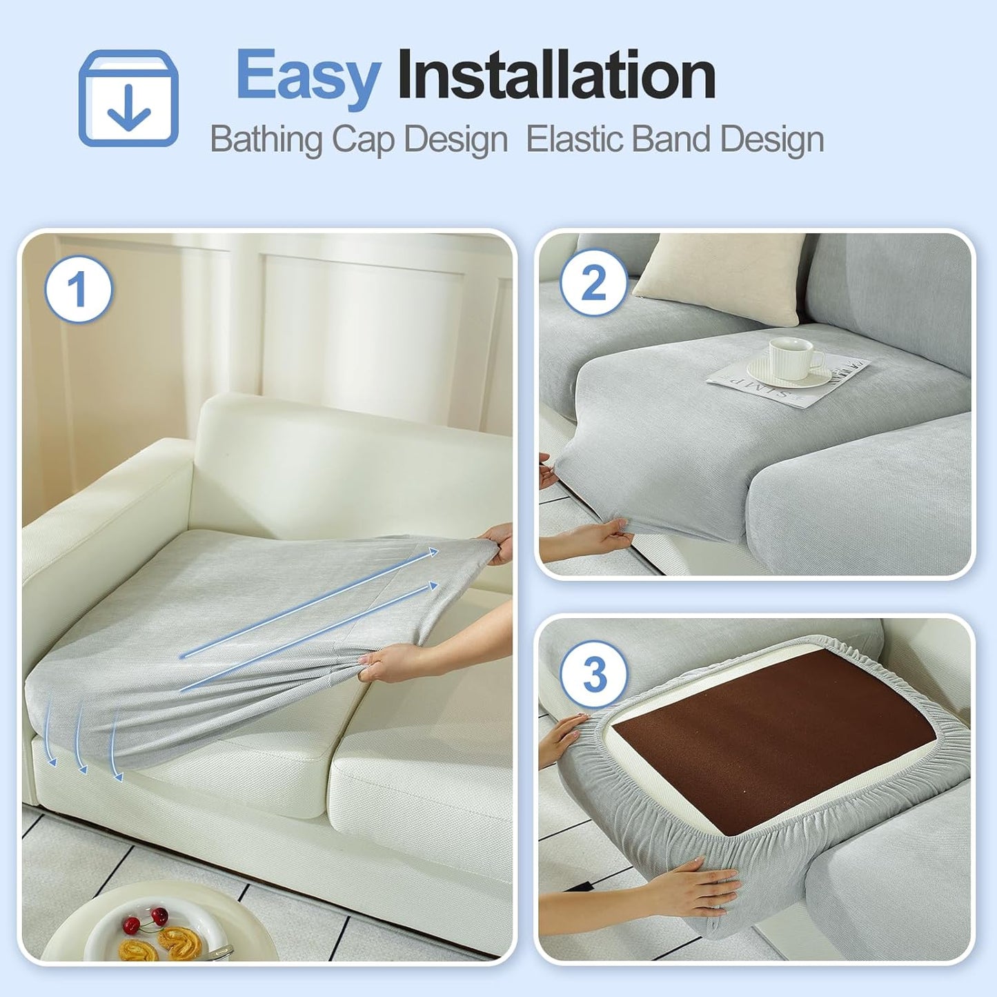 Couch Cushion Covers Individual Large Super Stretch Chenille (Softer Version) Sofa Cushion Covers, Couch Seat Covers Couch Slipcovers Furniture Protector (2 Piece, Light Grey)