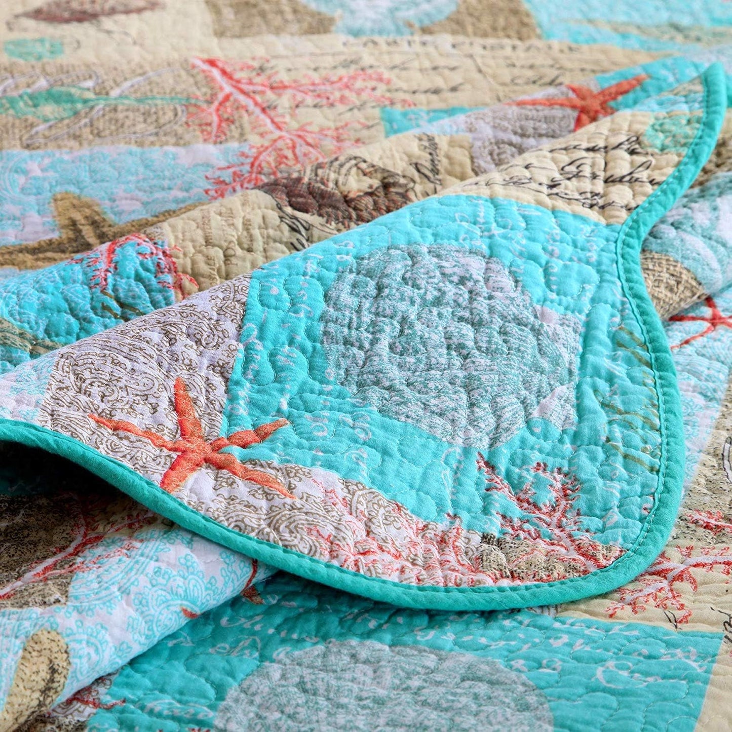 YAYIDAY Quilt King Size Bedspread Set - 100% Cotton Reversible Breathable Star Fish Coral Shell Style Quilted Quilt with Pillow Shams for All Seasons