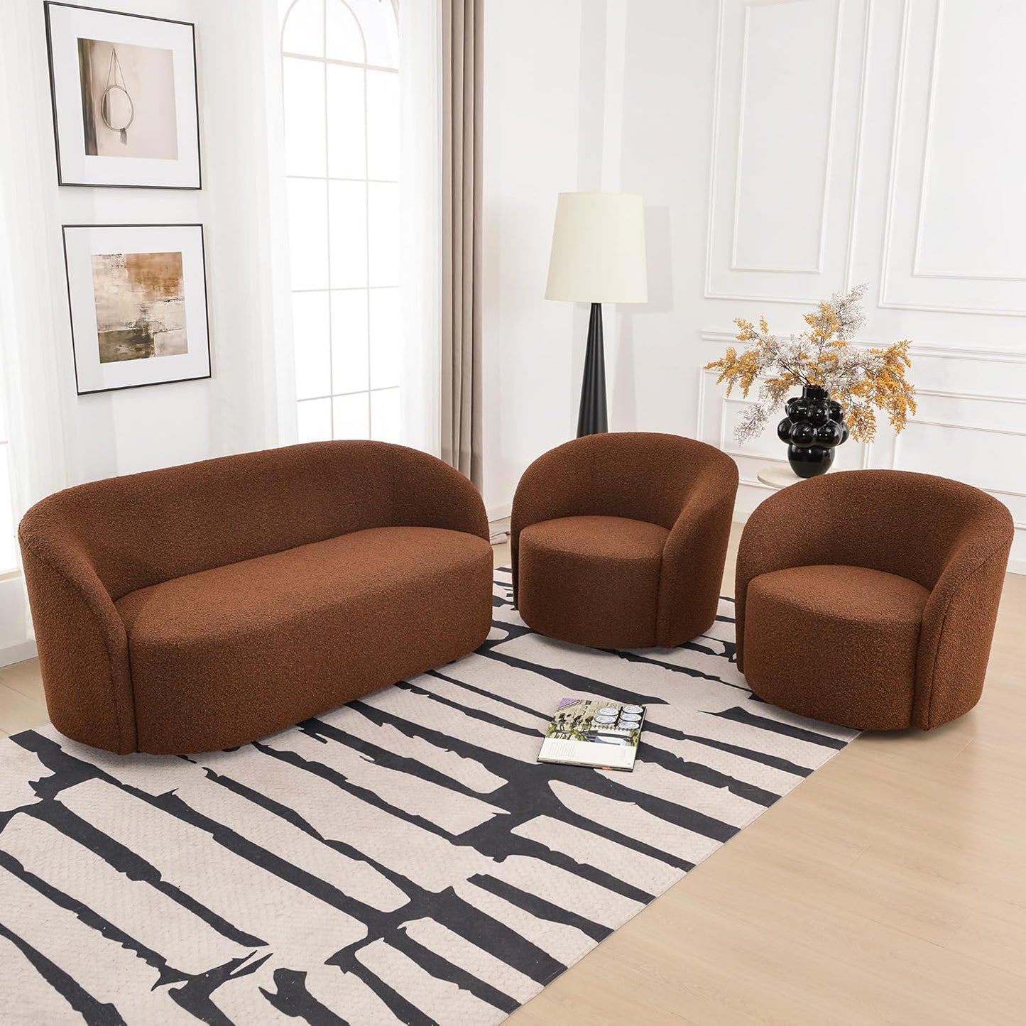 KINWELL 34" W Swivel Barrel Chair Set of 2, Mid Century Modern Round Upholstered Boucle Swivel Accent Chairs, No Assembly Sofa Chair for Living Room Bedroom Reading, Brown