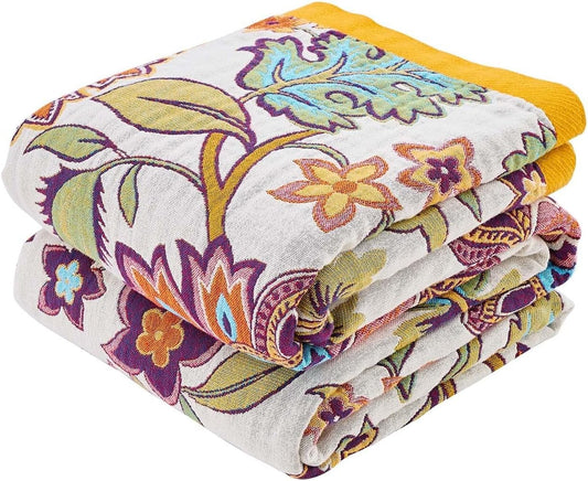 Boho Throw Blanket for Bed, 100% Cotton Soft Rustic Quilt Fall Blanket, 60"x80" Floral Printed Farmhouse Decor Bed Blankets, All Season Rustic Reversible Bohemian Throw Quilt