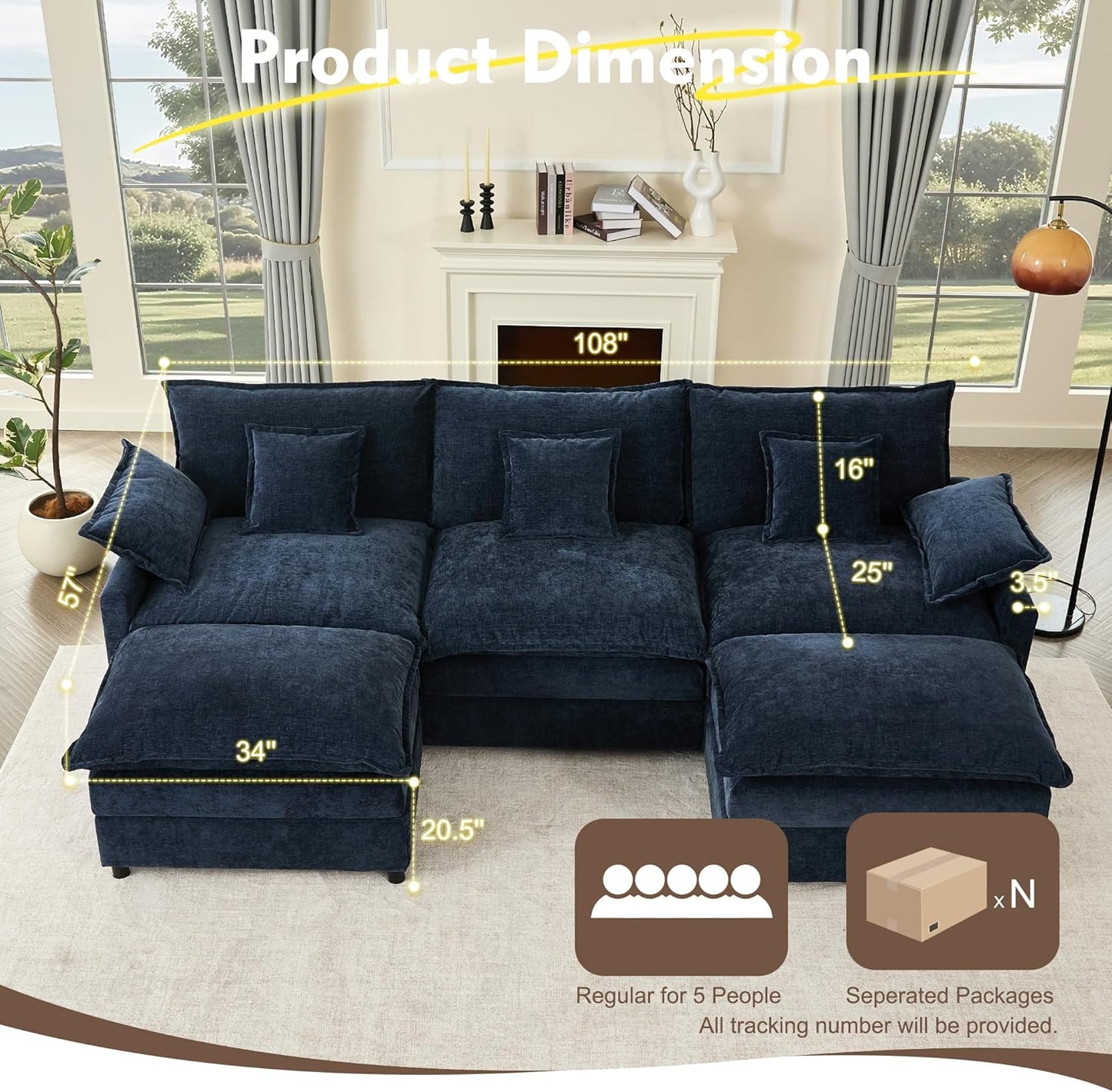 108" U Shaped Couch, Modular Sectional Sofa, 3-Seater Comfy Cloud Couch with Movable Ottoman, Deep Seat Couches for Living Room, Chenille, Navy