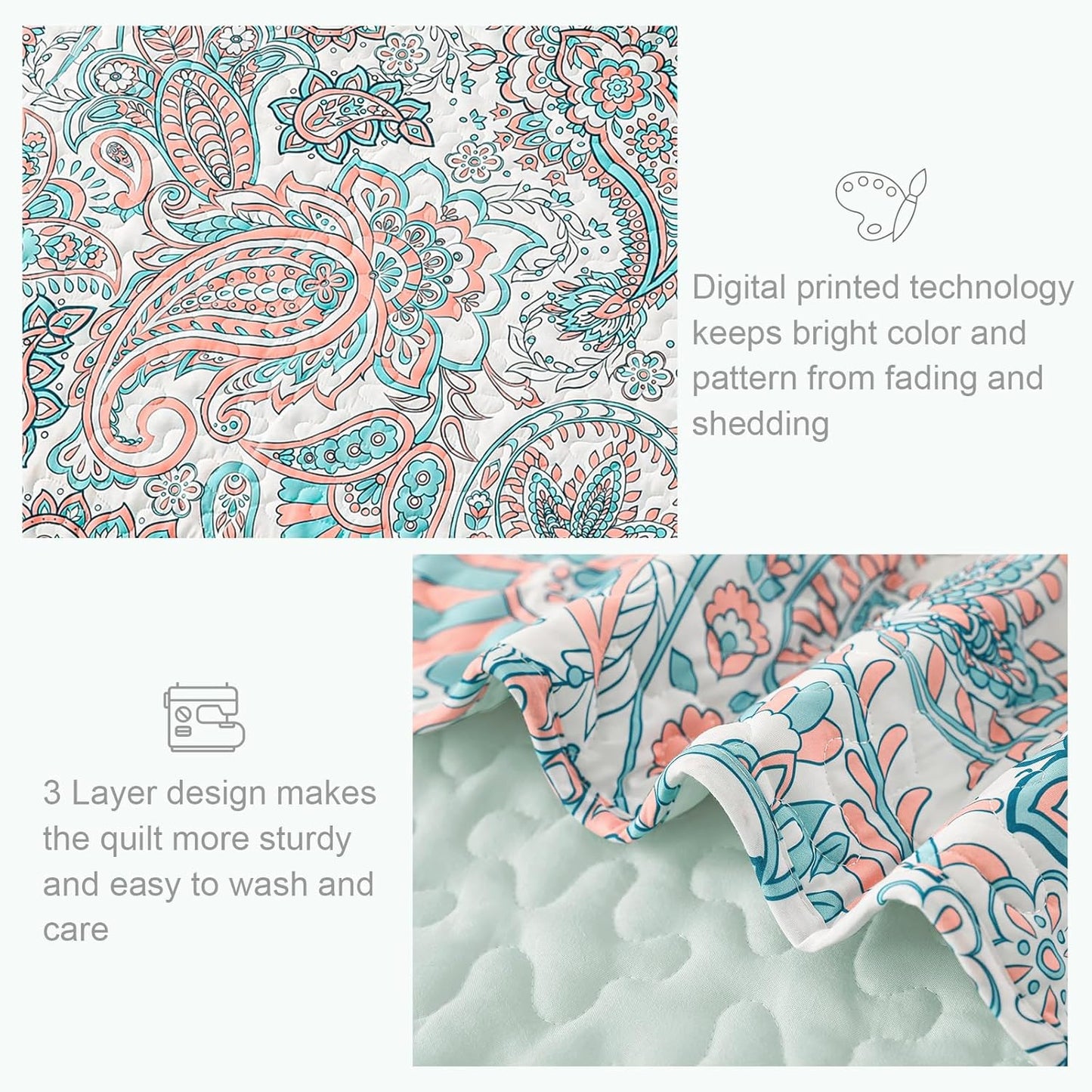 Exclusivo Mezcla Reversible Boho Quilt Set King Size, 3 Pieces Paisley Aqua All Season Bedspreads, Ultra Soft Floral Coverlet Bedding Set with Printed Pattern (1 Quilt, 2 Pillow Shams)