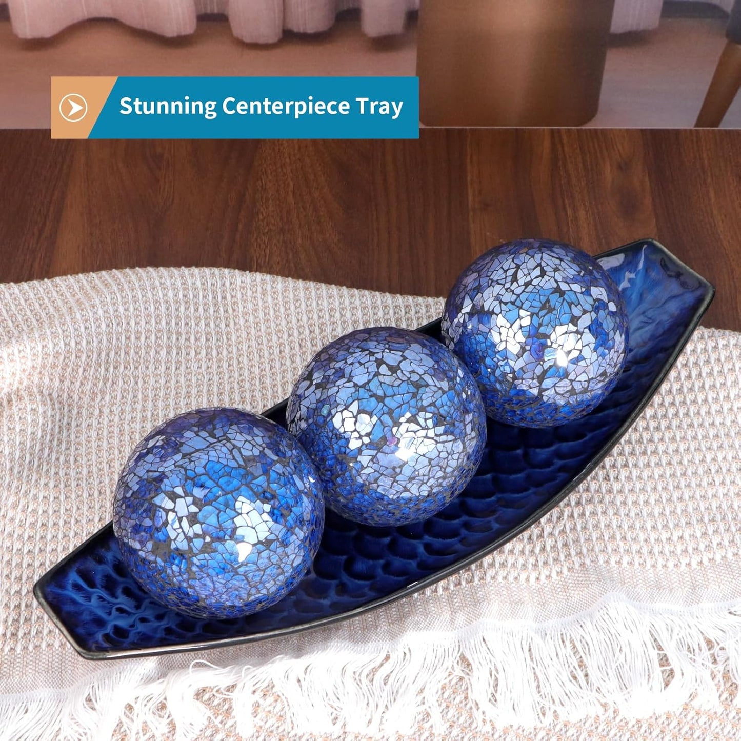 16" Large Ceramic Decorative Tray and 4" Glass Mosaic Balls Set of 4, Long Boat Shaped Centerpiece Bowl and Orbs Set for Home, Party Decor (Blue)