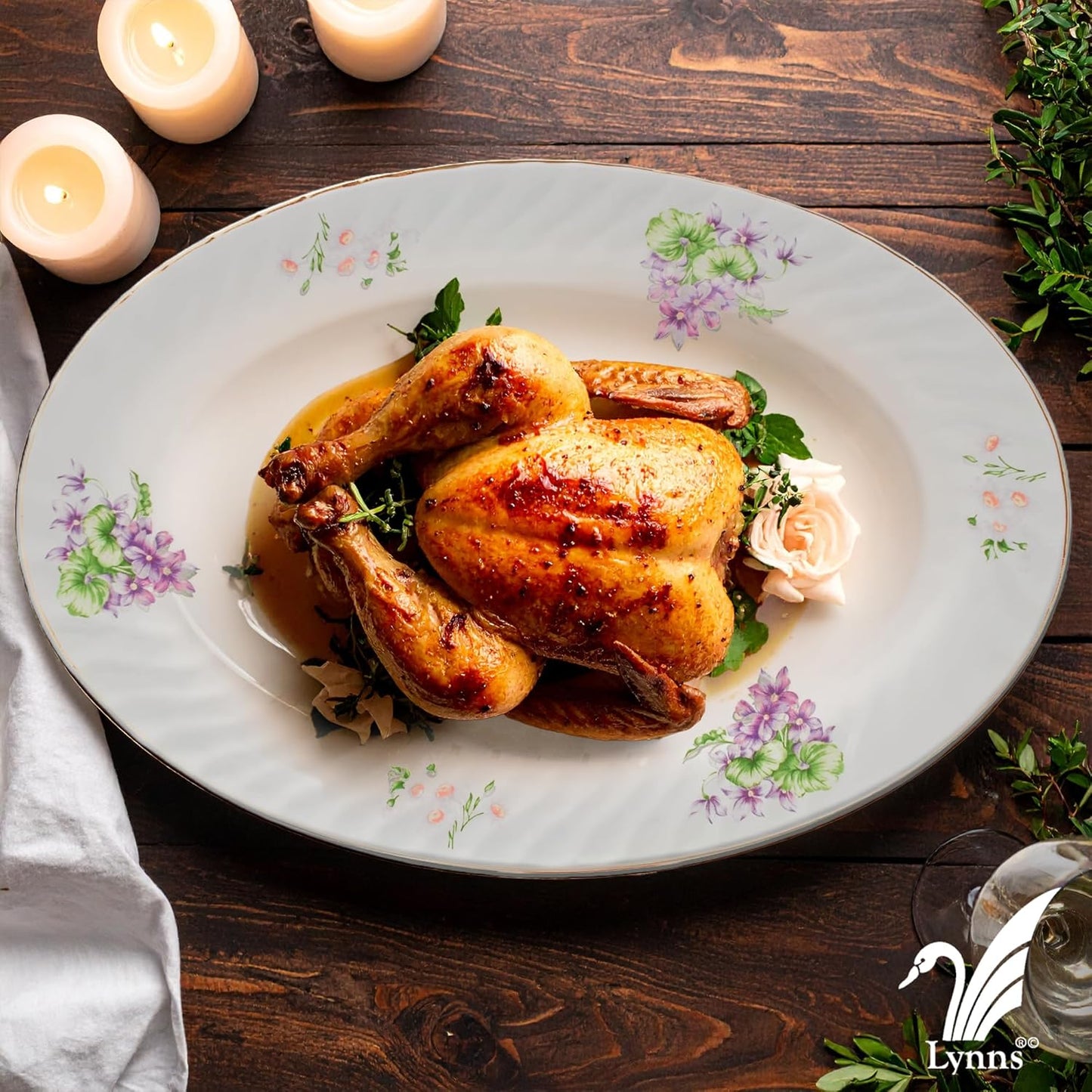 Lynns Paradise Marguerite 14-Inch Oval Platter, Set of 2, Purple; Heavy Duty; Chip Resistant; Lead and Cadmium Free; Freezer to Oven Safe up to 500°F