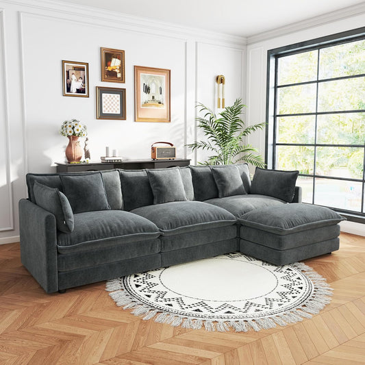 Sectional Sofa 3 Seater with Movable 1 Ottoman,Oversized Modular Couch Deep Seat (Grey, 111.5 inch-L)