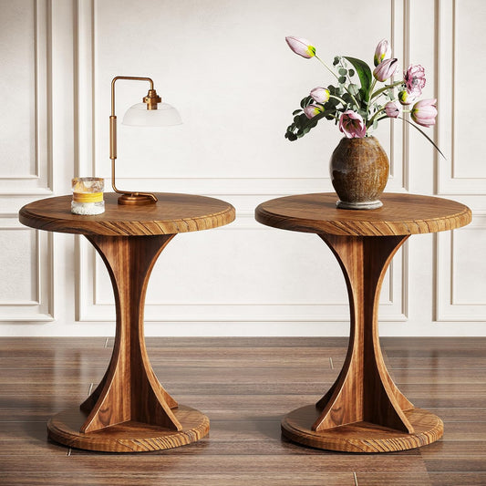 Tribesigns Round End Table for Living Room, Wood Side Table Set of 2, Mid-Century Bedside Nightstand for Bedroom, Accent Table, Easy Assembly, Vintage Brown
