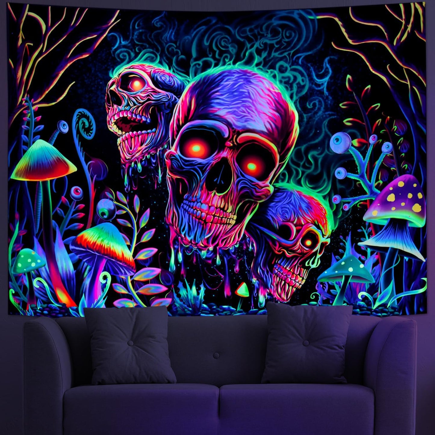 Amonercvita Blacklight Skull Tapestry Trippy Skeleton Wall Tapestries UV Reactive Neon Plants Trees Tapestries Aesthetic Galaxy Space Tapestry Wall Hanging for Bedroom Decor(W51.2×H59.1 inches)